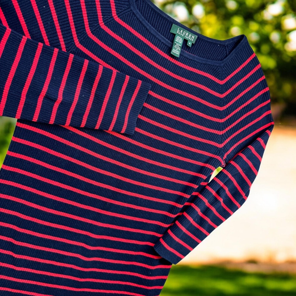 Lauren Ralph Lauren Top Womens Medium Navy Red Striped Ribbed Knit Boatneck 3/4